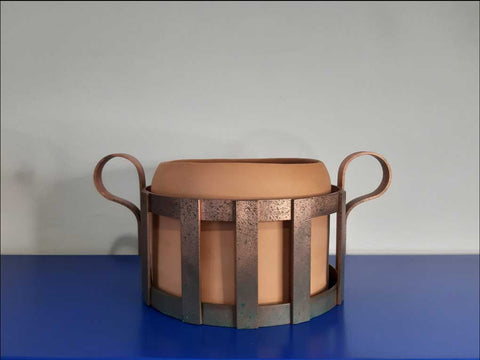 Vase in terracotta and matt oxidized copper